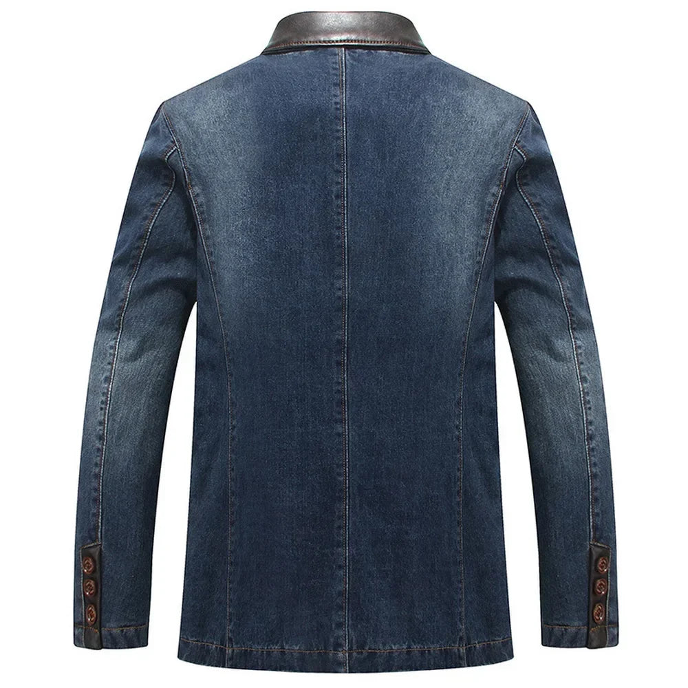 Blazer en Jean Homme Versailles – Veste Denim Ajustée à Col et Rabats en Cuir