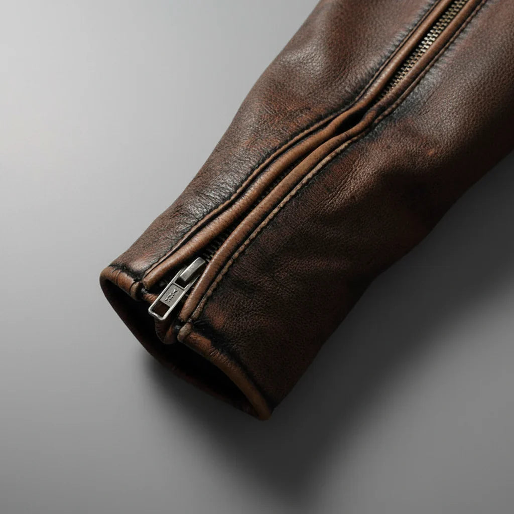 Blouson Motard en Cuir Vintage Homme Bastien – Veste Cuir Patinée Zippée, Doublure Coton Respirante