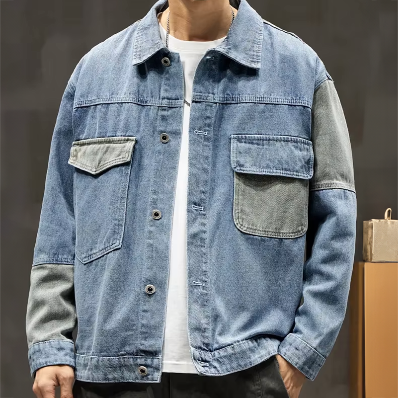 Veste en Jean Patchwork Homme Rennes – Veste Denim Délavée Boutonnée à Poches à Rabat