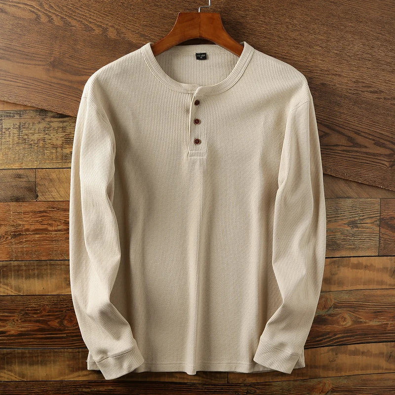 T-Shirt Col Tunisien Manches Longues Homme Hugo – Haut Gaufré en Coton Doux à Boutons