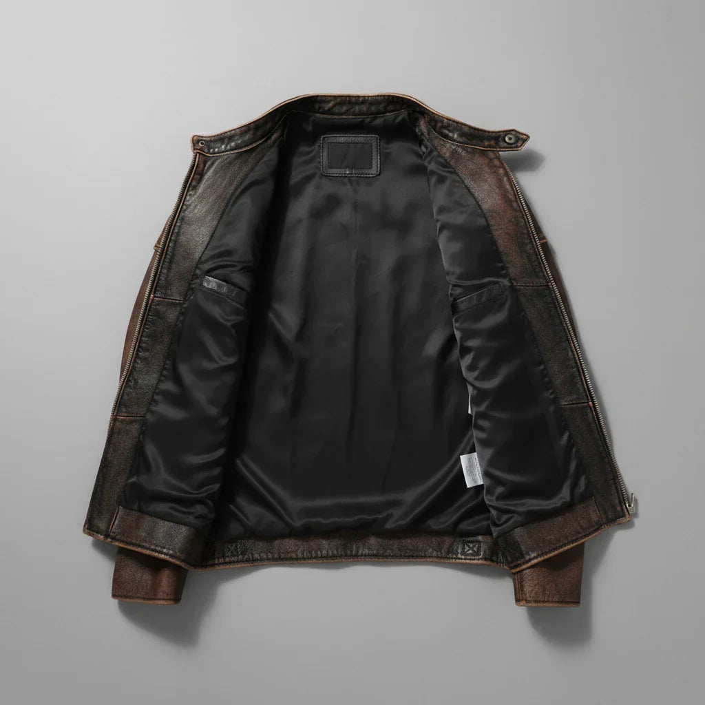 Blouson Motard en Cuir Vintage Homme Bastien – Veste Cuir Patinée Zippée, Doublure Coton Respirante