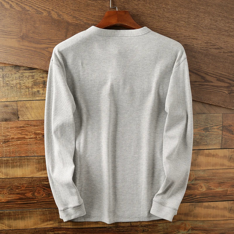 T-Shirt Col Tunisien Manches Longues Homme Hugo – Haut Gaufré en Coton Doux à Boutons
