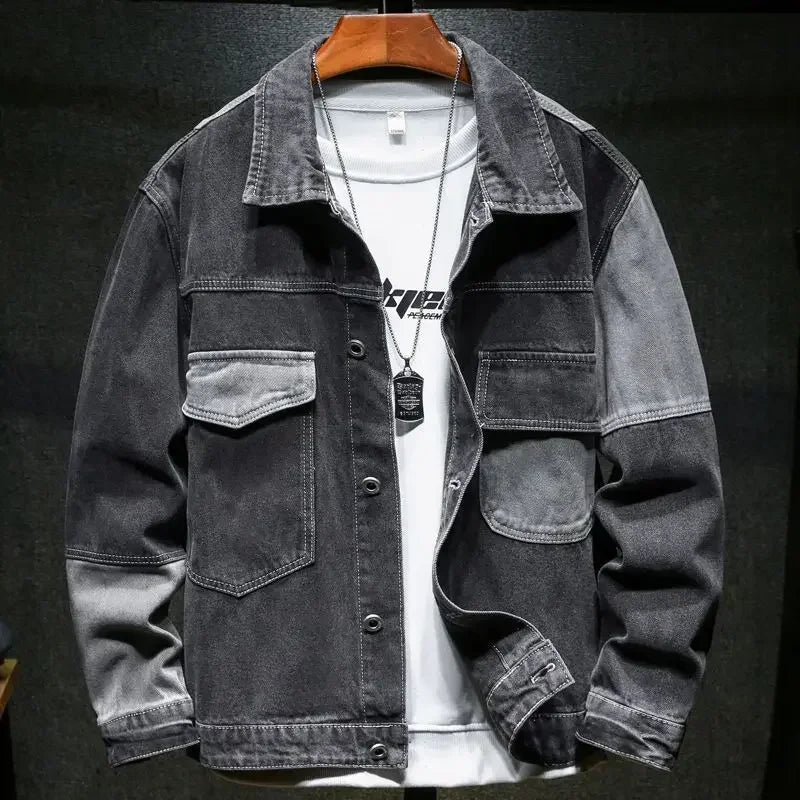Veste en Jean Patchwork Homme Rennes – Veste Denim Délavée Boutonnée à Poches à Rabat