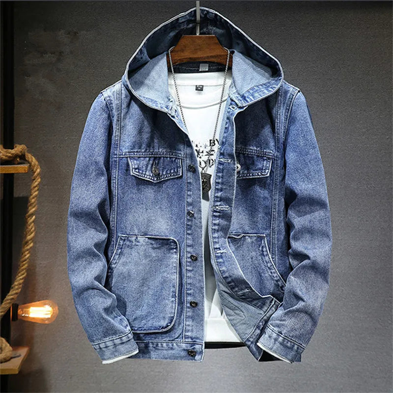Veste en Jean à Capuche Homme Rambouillet – Hoodie Denim Délavé Boutonné à Capuche Oversize