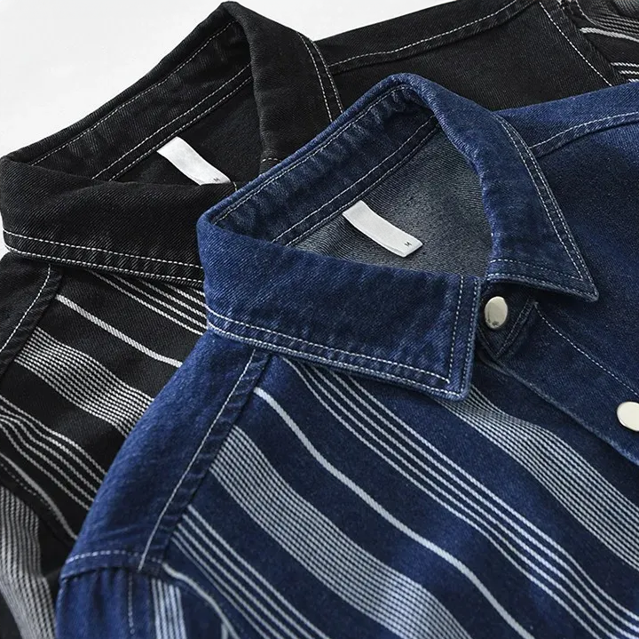 Chemise en Jean Patchwork Homme Martigues – Chemise Denim Rayée à Pressions Manches Longues