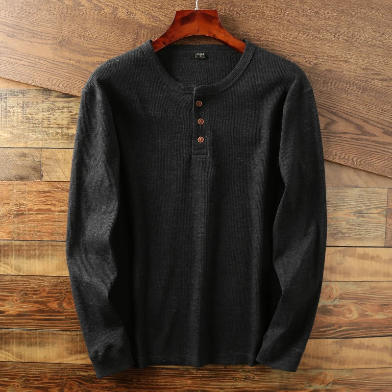 T-Shirt Col Tunisien Manches Longues Homme Hugo – Haut Gaufré en Coton Doux à Boutons