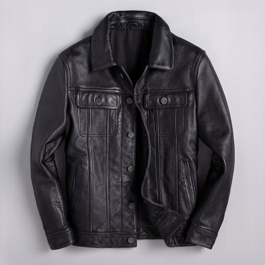 Veste en Cuir Boutonnée Homme Bastien – Blouson Cuir Véritable Vintage à 4 Poches