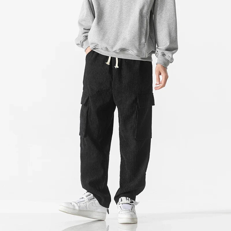 Pantalon Cargo en Velours Côtelé Homme – Pantalon Décontracté à Taille Élastique et Grandes Poches