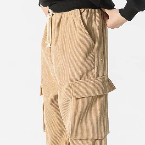 Pantalon Cargo en Velours Côtelé Homme – Pantalon Décontracté à Taille Élastique et Grandes Poches