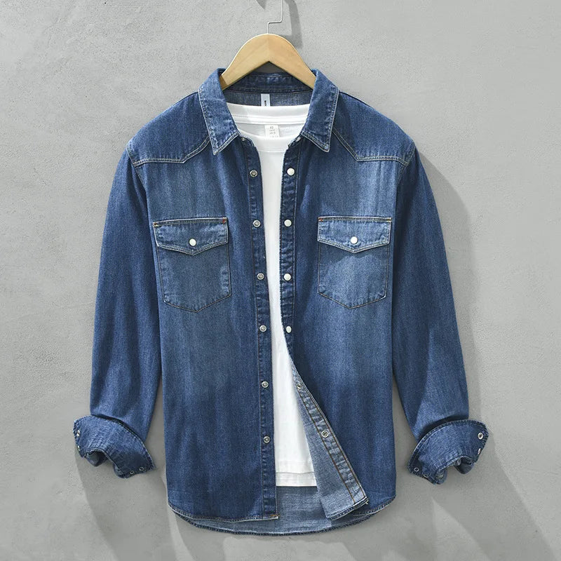 Chemise en Jean Délavé Homme Barthélemy – Chemise Manches Longues à Boutons Pression Nacrés