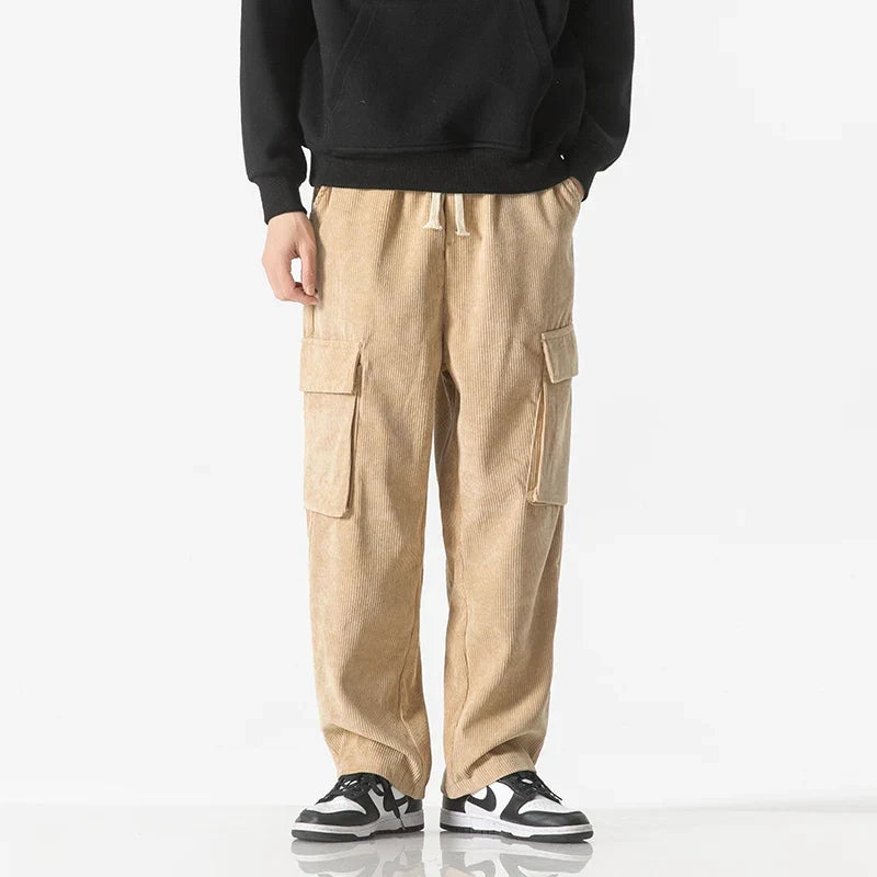Pantalon Cargo en Velours Côtelé Homme – Pantalon Décontracté à Taille Élastique et Grandes Poches