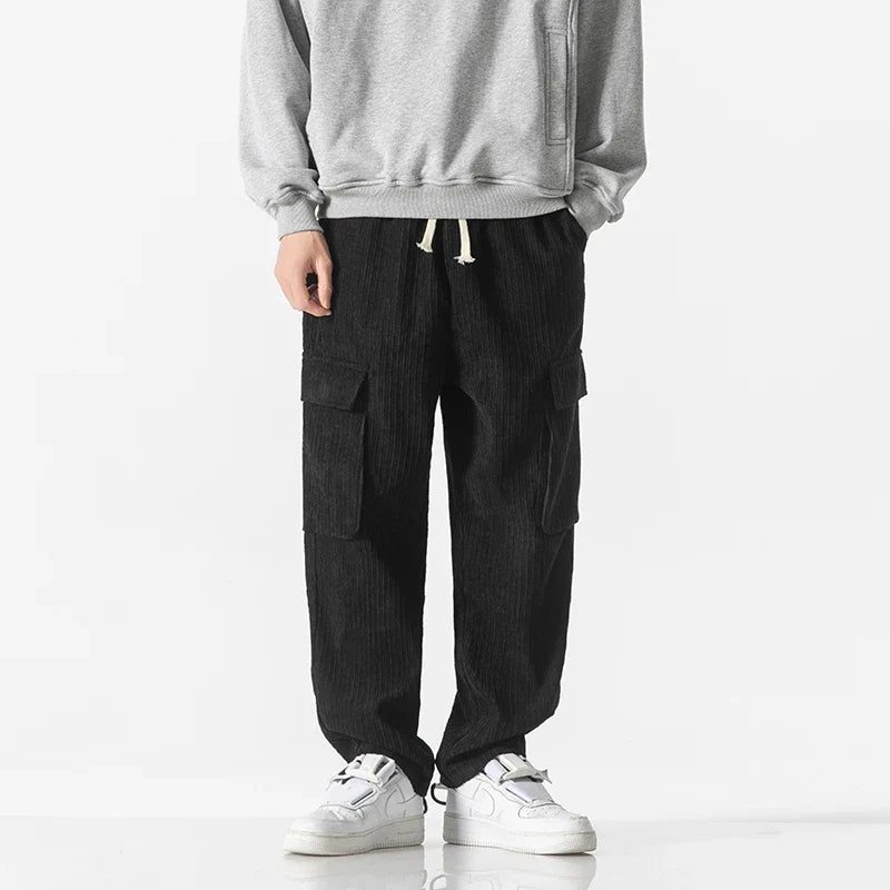 Pantalon Cargo en Velours Côtelé Homme – Pantalon Décontracté à Taille Élastique et Grandes Poches