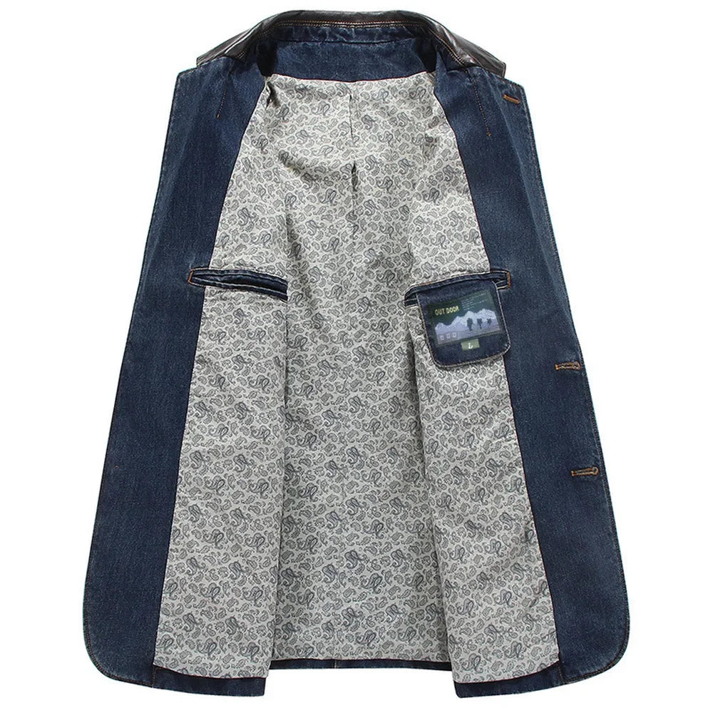 Blazer en Jean Homme Versailles – Veste Denim Ajustée à Col et Rabats en Cuir