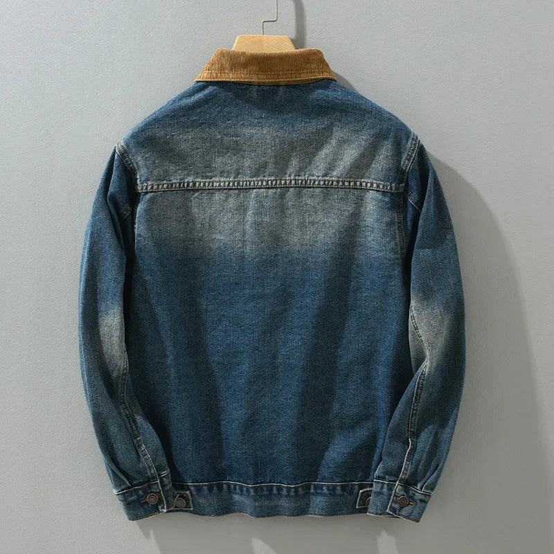 Veste en Jean Homme Roubaix – Veste Denim Vintage Délavée à Col en Velours Côtelé