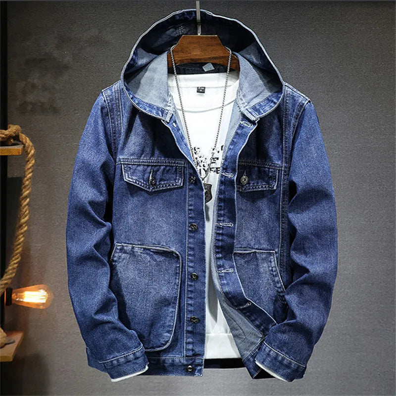 Veste en Jean à Capuche Homme Rambouillet – Hoodie Denim Délavé Boutonné à Capuche Oversize