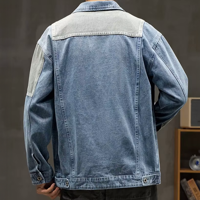 Veste en Jean Patchwork Homme Rennes – Veste Denim Délavée Boutonnée à Poches à Rabat