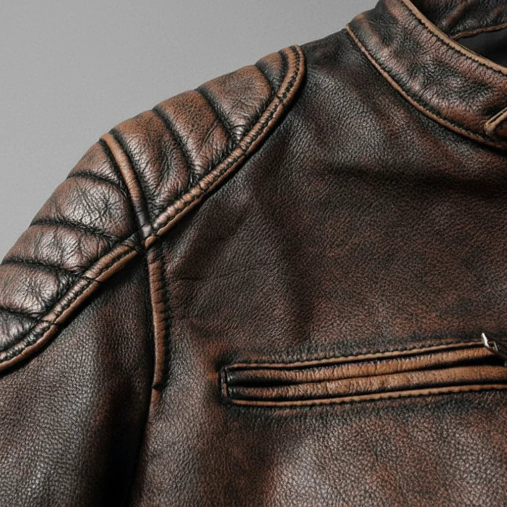 Blouson Motard en Cuir Vintage Homme Bastien – Veste Cuir Patinée Zippée, Doublure Coton Respirante