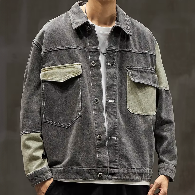 Veste en Jean Patchwork Homme Rennes – Veste Denim Délavée Boutonnée à Poches à Rabat