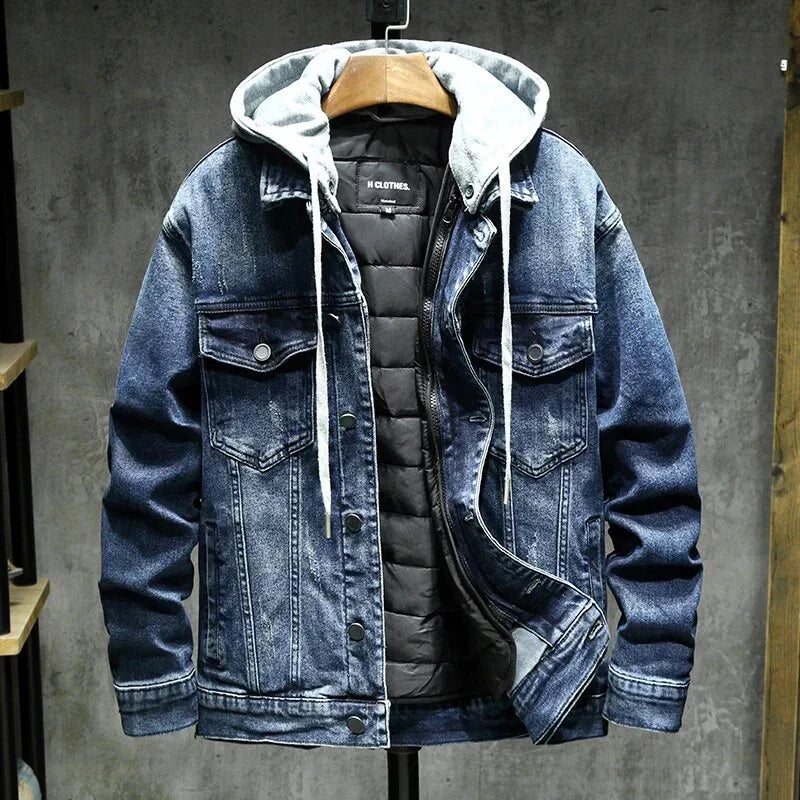Veste en Jean à Capuche Homme Corbeau – Hoodie Denim Doublé Thermique, Capuche Amovible